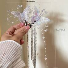 Girls' Butterfly Tassel Hairpin, Ancient-Style Hanfu Hair Accessories, Kids Crystal Stage Performance Nature-Inspired Princess Birthday Hair Decor, Cute
