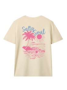 SALTY SOUL Women's Spring/Summer New Seaside Resort Coconut Tree Sun Printed Daily Casual Round Neck Short Sleeve T-Shirt Fashionable Dressing, Your Daily Vacation Essential. Vacation Outfits Women Graphic Tees Women