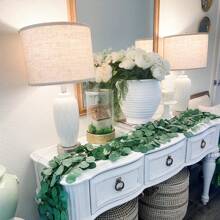 1/4pcs, Faux Eucalyptus Garland With White Flowers, 5.9FT/180cm Silvery Dollar Eucalyptus Leaves Gypsophila Garland, Artificial Greenery Vines For Wedding Party Mantle Table Runner Home Decor Offices Decor Summer Decor,Fake Plants