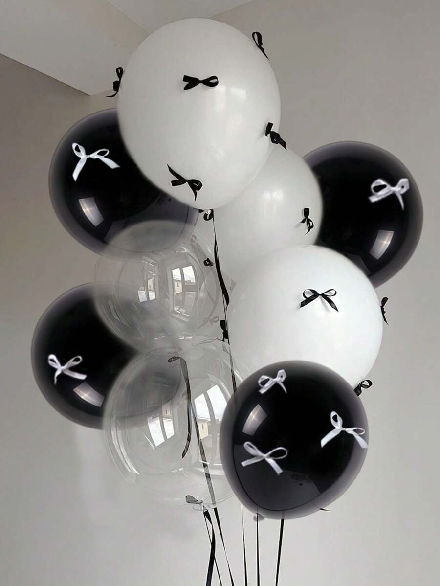 57/112pcs Black And White Bow Balloon Set, With Transparent Bobo Balloon, With Black And White Ribbon And Glue, Essential Decoration Props For Holiday Parties, Suitable For Birthday Parties, Anniversaries, Wedding Scene Decoration, Valentine's Day Gifts, Mother's Day Gifts