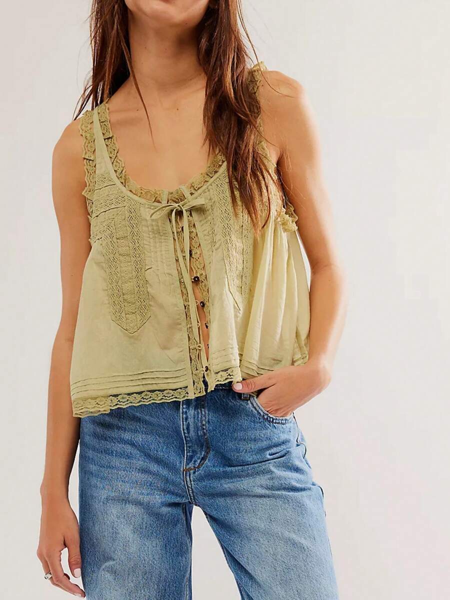 Women Lace Trim Vest Tank Tops Y2K Fairy Sleeveless Tie Button Front Sheer Mesh Crop Tops Summer Going Out Tops Cute Loose Fit Cami Shirt Aesthetic Clothes - Màu xanh Ô liu - Xem 1