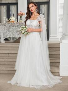 UNITHORSE Off Shoulder Dropped Sleeve Floral Decor Waist Cinch Extra Long Elegant Dress, Wedding Dress,Bride, All White Party Outfit Women - White - View 1