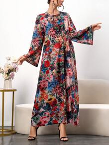 Women's Vintage Floral Print Maxi Dress - Long Sleeve Tie-Neck Boho Dress, Spring Summer Casual Loose Fit Layered Dress,Elegant Long Sleeve Robe,Summer Dresses,Dresses Classy Elegant
