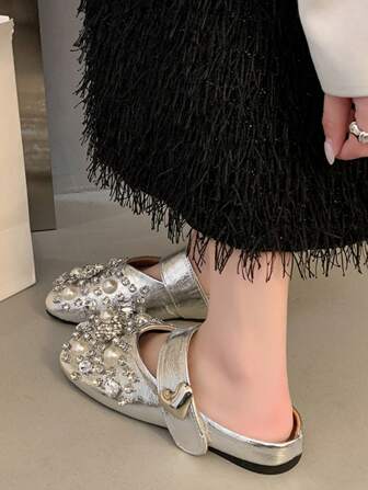 女士露背平底穆勒凉鞋，全新夏季时尚水晶玛丽珍复古一脚蹬鞋