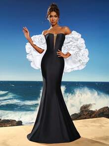 Toosun 女士时尚奢华正式晚礼服 3D 手工花卉外套适合正式场合、派对和活动、派对礼服、礼服、婚礼宾客 - 黑與白 - 查看 4