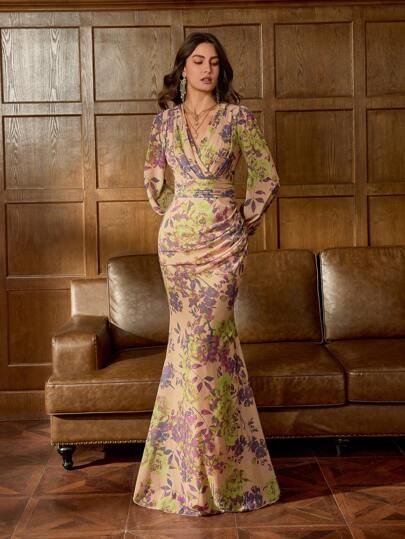 Faeriesty Faeriesty Printing Elegant Floral Print Chiffon Evening Gown With Mermaid Silhouette – Luxurious Elegance For Red Carpet Events, Weddings, Art Gallery Openings, Gala Dinners, And High-End Social Gatherings