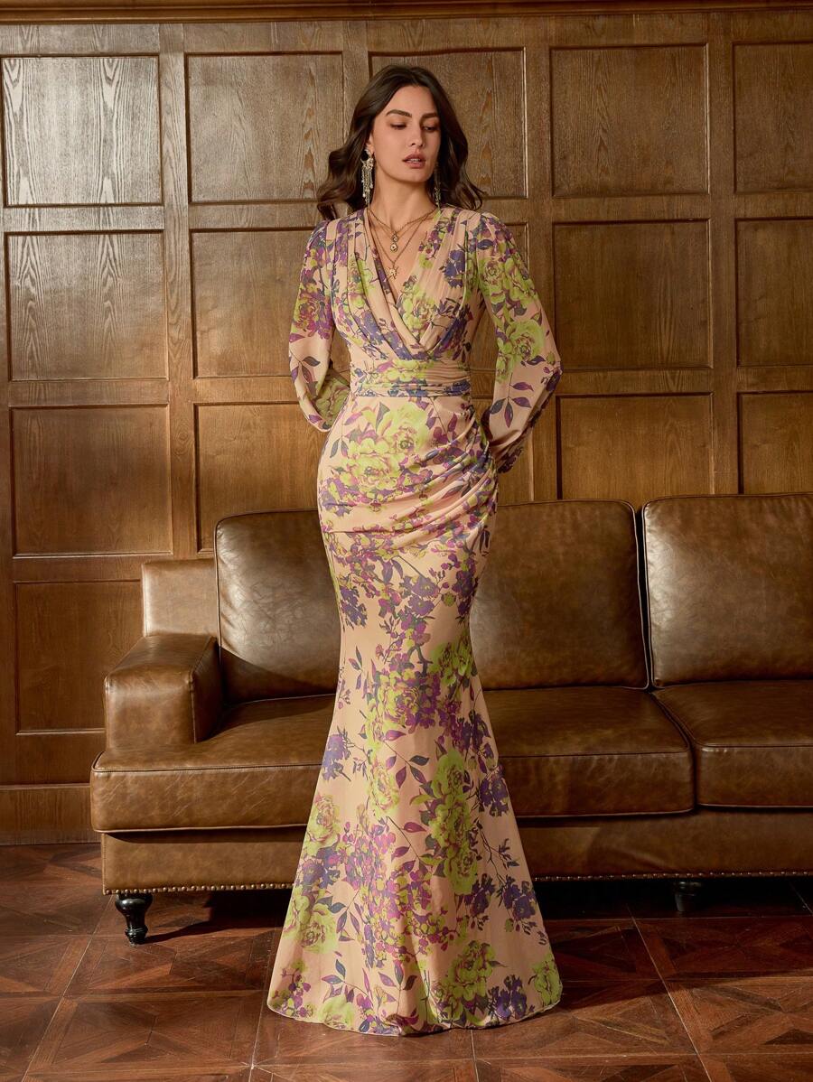 Faeriesty 印花优雅花卉印花雪纺晚礼服，搭配美人鱼轮廓 - 奢华优雅，适合红毯活动、婚礼、艺术画廊开幕式、晚宴和高端社交聚会 - 卡其色 - 查看 1