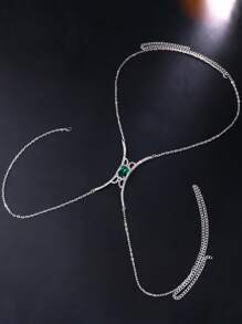 1 Piece Versatile Emerald Green Sparkling Rhinestone Necklace, Suitable For Women's Daily Wear - Silver - View 3