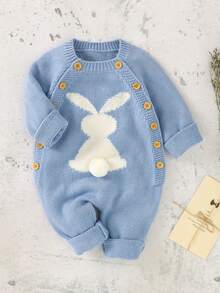 Infant Knitted Jumpsuit, Rabbit Pattern Round Neck Double-Breasted Overalls, 0-24 Months