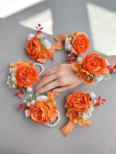 1 قطعة / 6 قطع زهور بونساي برتقالية اصطناعية من البوليستر لعروس وصيفات العروس والأخوات، زهور لليد لحفلات الزفاف والحفلات
