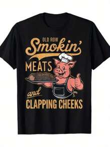Plus Size Men's,Old Rows Smokin' Meats And Clapping Cheeks Funny Pig Chef ,(1 Pcs )100% Cotton Casual Printed T-Shirt,Crew Neck Short Sleeve,220g  Cotton T-Shirt,For Going Out,Gift,Summer,Unisex