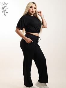 Camiseta de cuello redondo y mangas estilo murciélago y pantalones con cordón en la cintura - Caoba / Negro - Ver 8