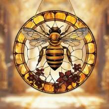 1 Piece, 2D Bee And Flower Sun Catcher, Colored Glass Pendant, Suitable For Indoor/Outdoor Use, Suitable For Garden, Porch, Bedroom, Office Decoration, Perfect Spring Gift