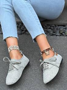 系带圆头女士时尚平底休闲一脚蹬优雅鞋 - 灰色 - 查看 3