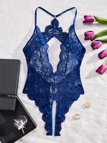 Ning xue yan ying Women's Blue Transparent Deep V-Neck ,Jacquard Weave,Backless,Bow Decoration On The Chest,Floral Lace Criss Cross Crotchless,Heart Metal Buckle Decoration,Sexy Teddy Bodysuit,Scallop Trim Tight Fitting Bodysuit,Women Sexy Club Outfits ,Women's Sexy Bodysuit