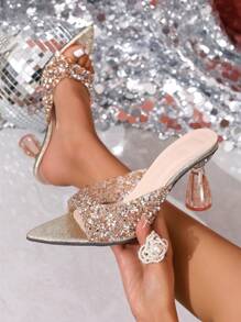 Sommer Damen glitzernde Dekor Plateau-Absatz Spitzschuh Klar-Riemen Sandalen, modisch elegante Alltags- und Party-Absätze, bequeme leichte künstliche Leder Lässig Slip-On Sandalen, Sommer Muss-have