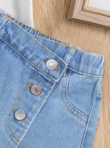 青少年女孩字母图案印花短袖T恤和牛仔短裤套装 - 白色 - 查看 6