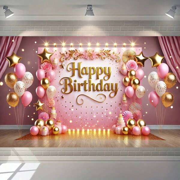 1 Stück rosa und goldenes Geburtstags Party Hintergrund Banner, Material aus Polyester in verschiedenen Größen, perfekt für Geburtstagsfeiern, Kuchendekoration Hintergrund, Themenfeiern, Innen- und Außendekoration, ohne Strom