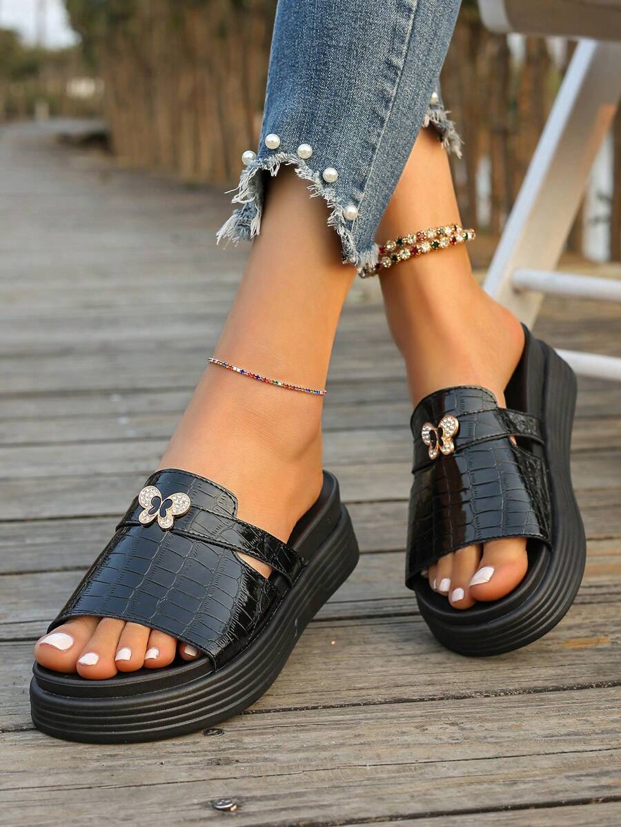 Women's New Butterfly Decor Thick Sole Sandals, Versatile - Black - View 1