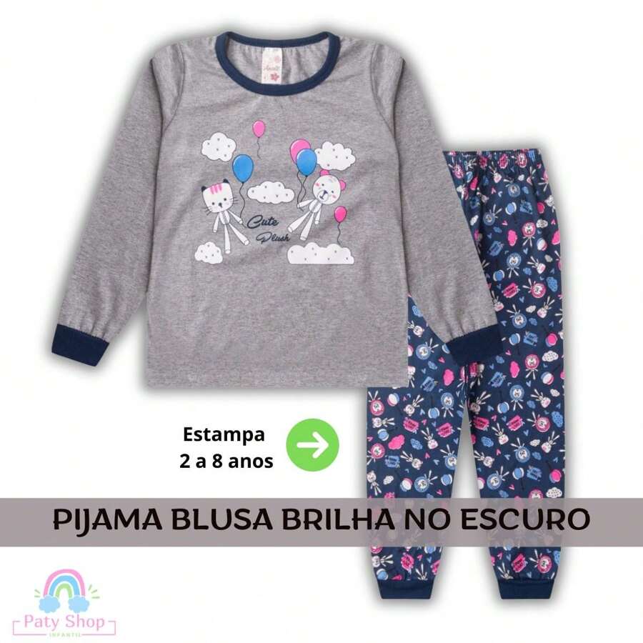2 Pieces Children's Pajamas Kit For Girls, Winter, 2 To 14 Years, Long Sleeve Nightwear - 1 Top And 1 Pants - Xám - Xem 1
