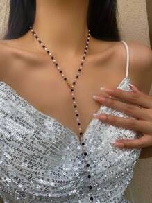 1pc Elegant Minimalist Sexy Long Y-Shaped Necklace Chain, Suitable As Gift For Party - Black and White - View 2