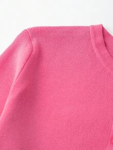 Casual Plain Knit Round Neck Cardigan - Pink - View 3
