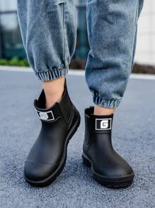 (Size Runs Small) 1 Pair Women's Fashion Mid-Calf Rain Boots, Faux Leather Pattern Waterproof Galoshes, Plus Size Chelsea Short Rainboots, Versatile Thick Waterproof Boots - Black - View 7