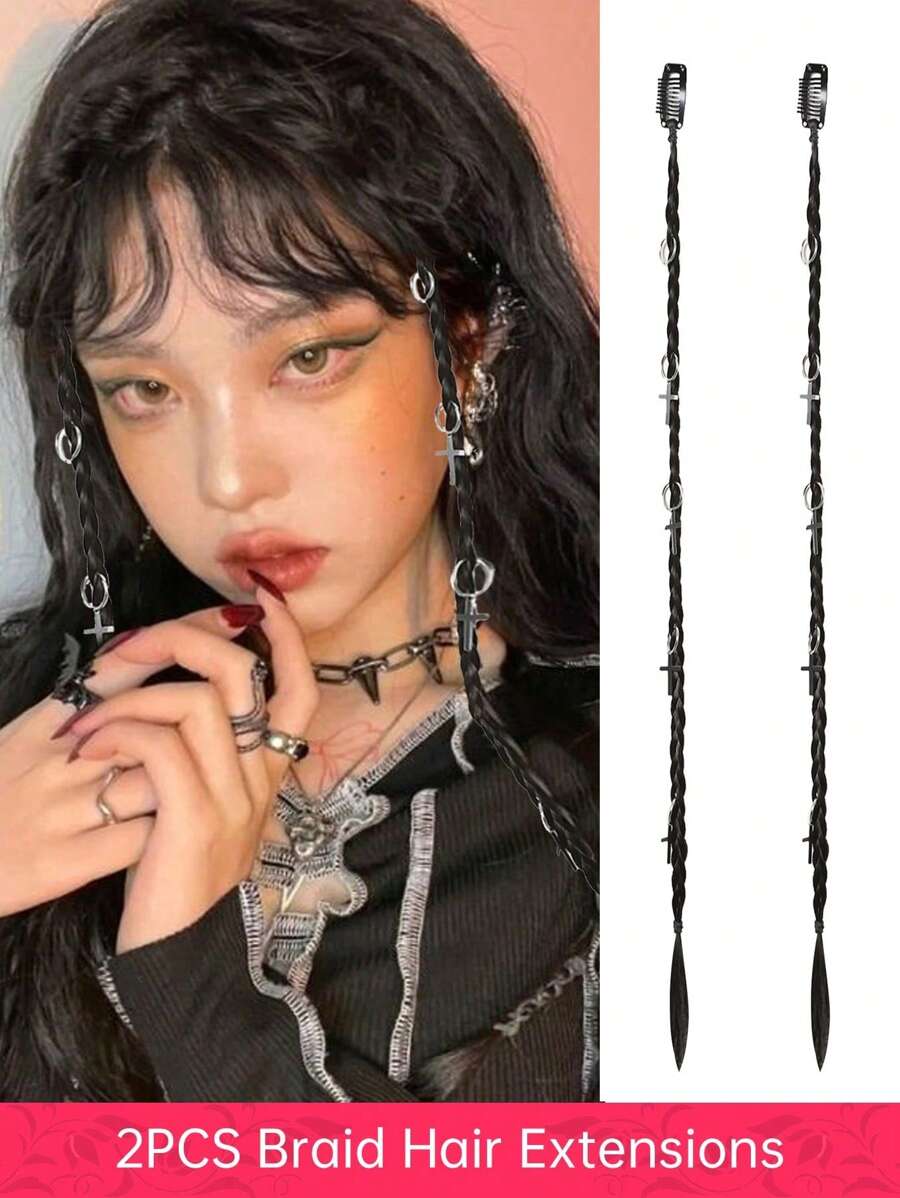 2-Pack Clip-In Braids – 20-Inch Clip-In Box Braids Hair Extensions – Synthetic Natural Black Braided Hairpieces – Ideal For Women's Daily Wear & Parties – Perfect For Halloween Costumes And Everyday Use (Featuring Cross Decoration)