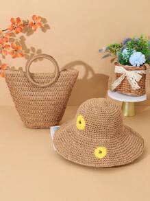 2pcs Spring/Summer Fashion New Straw Handbag & Handmade Bucket Hat Set - Multicolor - View 13