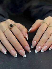 Add A Touch Of Romance With 24pcs Amygdaloid Fake Nails White Edge Minimalist Style Press On Nails Gift For Women & Girl