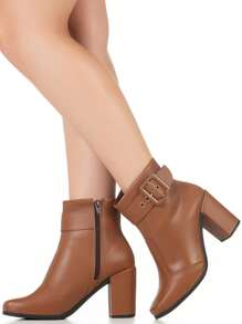 Fashion GiGiL Comfortable Square Toe High Heel Buckle Boot - بني فاتح - مشاهدة 1