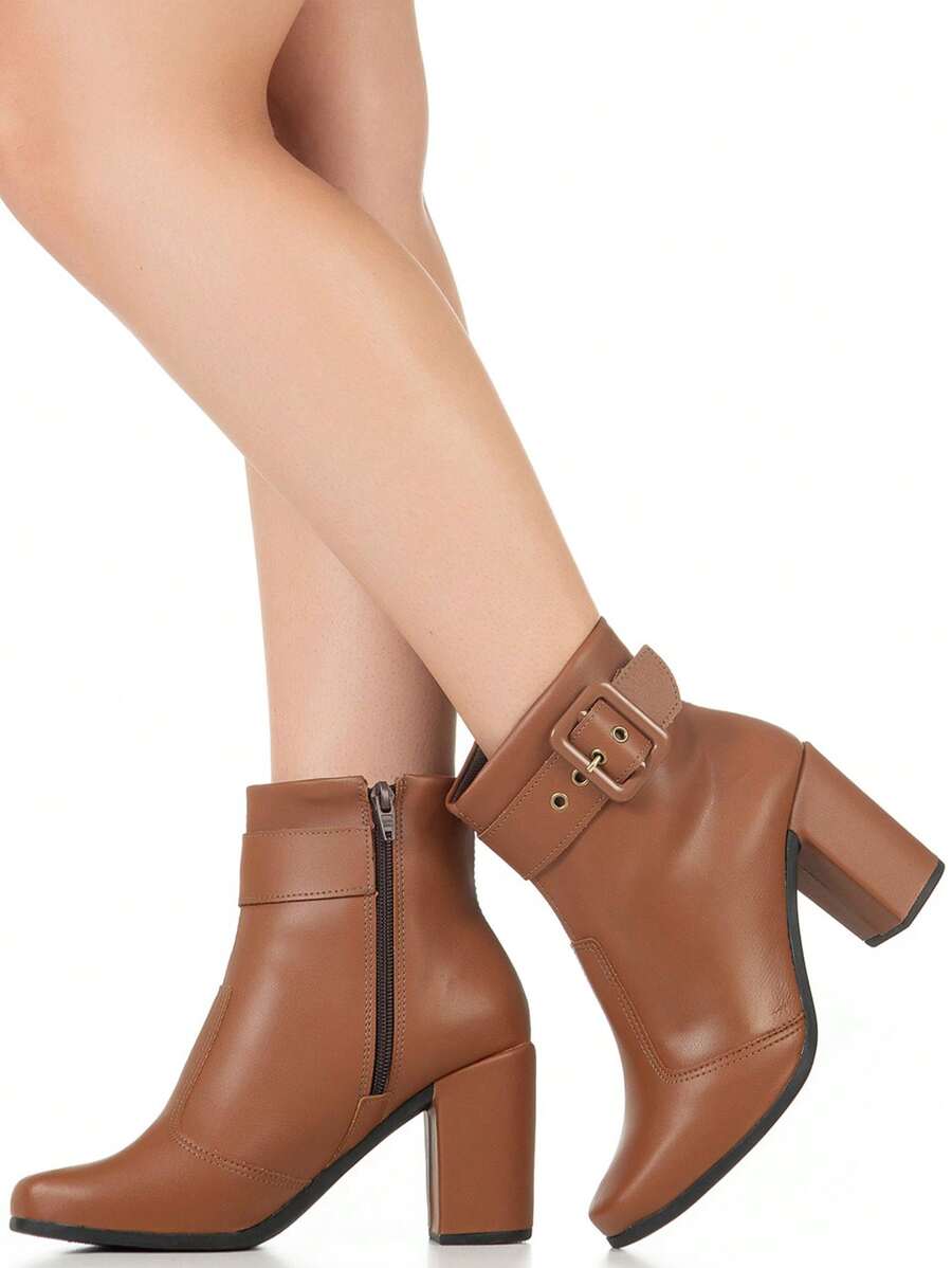 Fashion GiGiL Comfortable Square Toe High Heel Buckle Boot - بني فاتح - مشاهدة 1