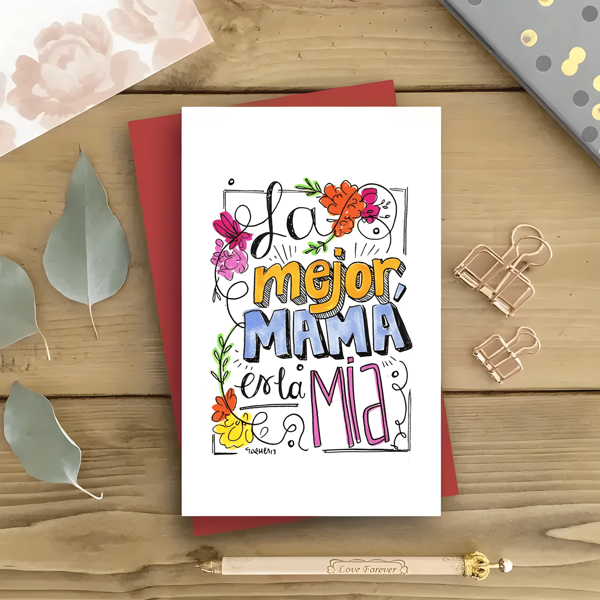 1 Pieza Tarjeta de felicitación española para mamá con sobre - Diseño de mano pintada "La Mejor MAMA", patrón floral vibrante, perfecto para el Día de la Madre, cumpleaños, agradecimiento, para pensar en ti, regalo sentimental para familia, amigos y hermanas, regalo del Día de la Madre, vuelta al cole, útiles escolares