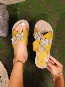 New Rope Sole Beach & Home Women Slippers, Fashion Outdoor Casual Floral Sandals