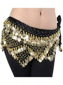 1pc Elegant Black Sequined Belly Dance Waist Chain Belt - Made Of Polyester Fiber With Tassel Details, Suitable For Eastern And Dance Styles Summer, School Fall, Autumn, Halloween