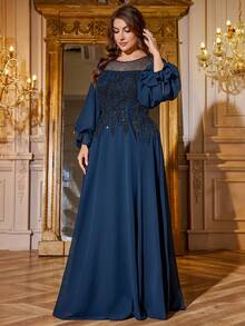 SUPGIR Plus Women's Round-Neck Lantern Sleeve Beads Sequin Chiffon Slim-Fitting Evening Dress - Navy Blue - View 3