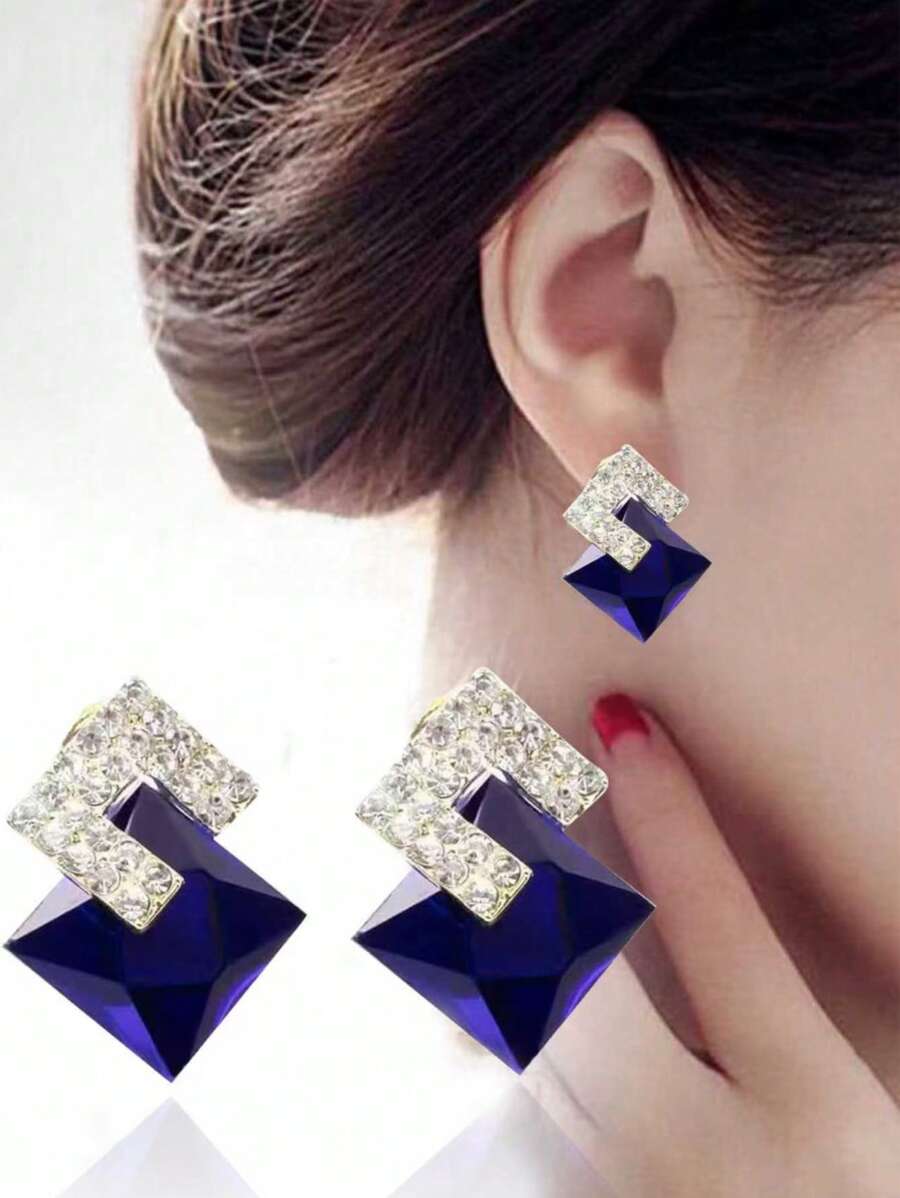 1pair Glamorous Zinc Alloy Rhinestone Decor Geometric Stud Earrings For Women For Daily Decoration - Blue - View 1