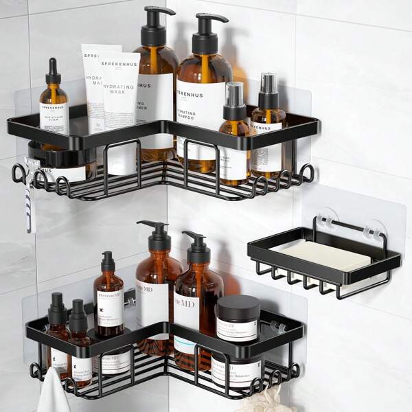 Shower Caddy, 3-Pack Shower Organizer With Soap Holder, Corner Shower Caddy With 8 Hooks, Wall Mounted Shower Shelf For Bathroom, Kitchen, Countertop Home Bathroom Decor Bathroom Organizer Summer Back To School