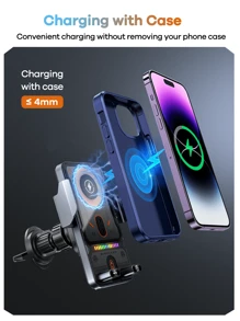 Newest Phone Holder For Car, With Wireless Charger, Music Light Effect, One-Click Open/Close And Rotation 90°, Seismic And Anti-Slip Silicon, Wireless Charging Stand, Gift For Driver, Workout, Travel