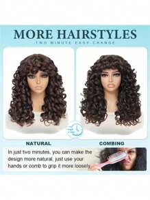 DZfirst Synthetic Heat Resistant Wigs Bouncy Curls Wigs With Bangs Chocolate Brown 18inch Chemical Fiber Wig Bangs Wig Daily Used Easy To Wear Beginner Friendly Big Bouncy Fluff Curly Wigs - Rust Brown - View 5