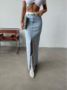 SQUALO Women's Light Blue Slit Denim Midi Skirt - 100% Cotton - Blue - View 1