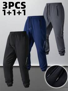 3pcs Men's Summer Casual Sports Pants, Patchwork Design, Side Zipper Detail, Drawstring Waist, Sports Leisure Pants With Zipper Pockets, Suitable For Basketball, Gym, Running And Training - Multicolor - View 1