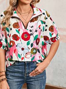 Boho Retro Rose Red Vintage Viscose 90's Khaki Beige Apricot Ruffle V Neck Half Sleeve Loose Top Shirt Blouse - 紅色 - 查看 3
