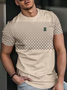 Men's Fashionable Light Beige Short Sleeve T-Shirt, Geometric Diamond Patchwork With Casual "B" Logo, Short Sleeve Men's Summer Outdoor Clothing Pullover