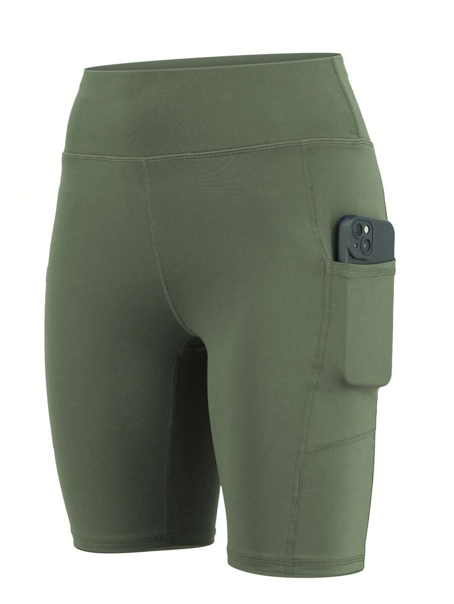 Plus Size Women High Waist Compression Yoga Shorts, Fitted Slimming Workout Running Shorts With Pockets