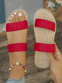 Cross-Border Plus Size 35-45 New Summer Red Woven Linen Rope Sole Fashion Versatile Women Flat Sandals, Casual Outdoor Beach Lightweight Slip-On Flip Flops