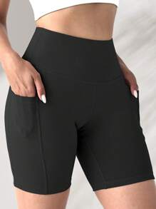 Conjunto de 3 shorts de compresión de cintura alta elástica para mujer de talla grande, aptos para yoga/ciclismo/, con bolsillos, adecuados para primavera/verano - Multicolor - Ver 3