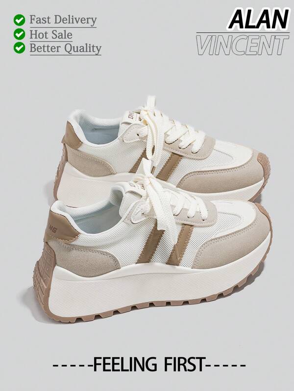 [Traveler Series] Scarpe beige da donna, nuove per l'estate 2025, stile sportivo con suola spessa, superficie in rete traspirante e fresca, comode e alla moda, con rialzo, sneaker casual da donna per attività all'aperto e feste