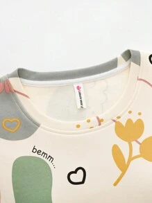 2 Potong Set Piyama Wanita, Atasan Lengan Pendek Motif Kelinci Lucu & Bunga, Celana Panjang 3/4 Kasual Modis, Cocok Untuk Musim Semi & Musim Panas - Aprikot - View 7