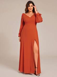 Plus Elegant Long Sleeves Bow Chiffon Bridesmaid Formal Dresses For Wedding